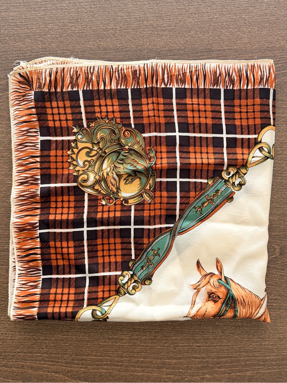 Vintage Equestrian Scarf – Horse & Bridle Design – Tartan Print – Orange & Green